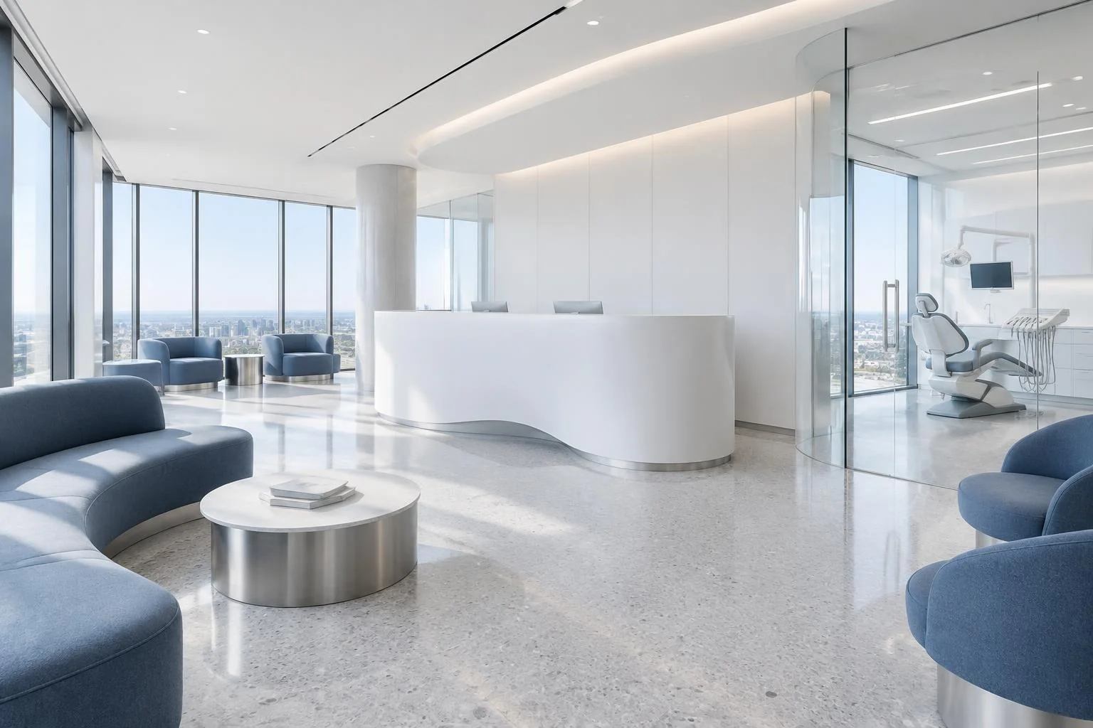 Illustrative contemporary white and blue clinic reception