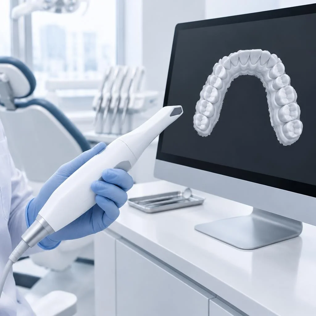 Illustrative intraoral scanner and dental planning display